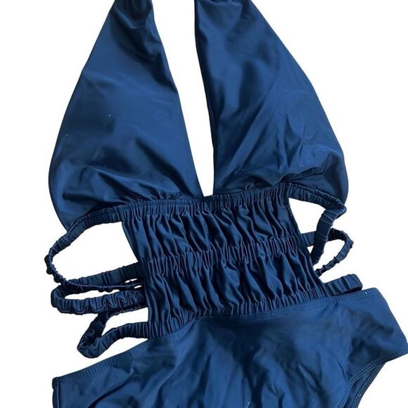 Halter Neck Ruched Cutout Strappy Open Back One-Piece Swimsuit Navy Blue Size XL - Picture 3 of 7